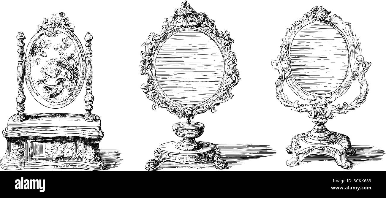 Set di specchi vintage decorati in bianco e nero disegnati a mano per un design retrò. Illustrazione Vettoriale