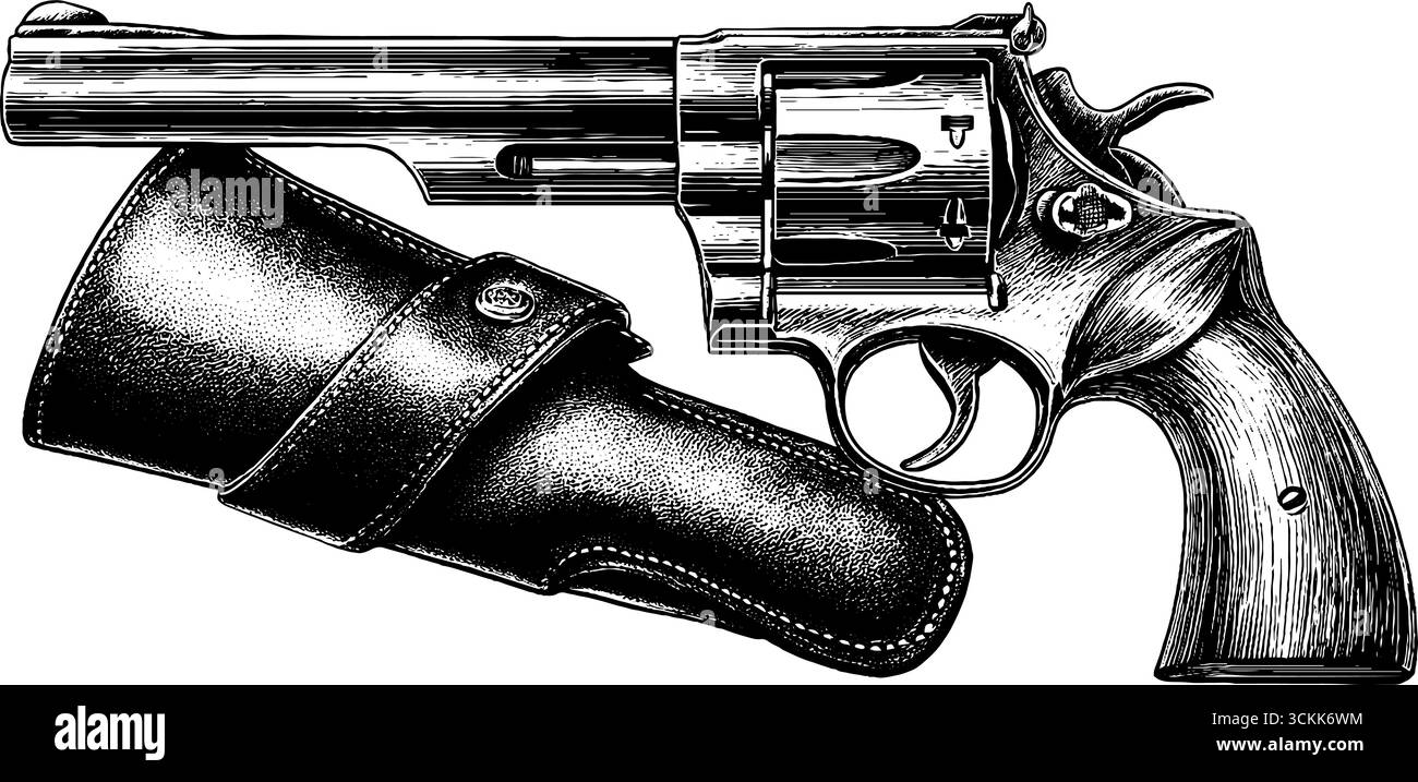 Revolver vintage con illustrazione fondina in stile incisione bianco e nero. Illustrazione Vettoriale