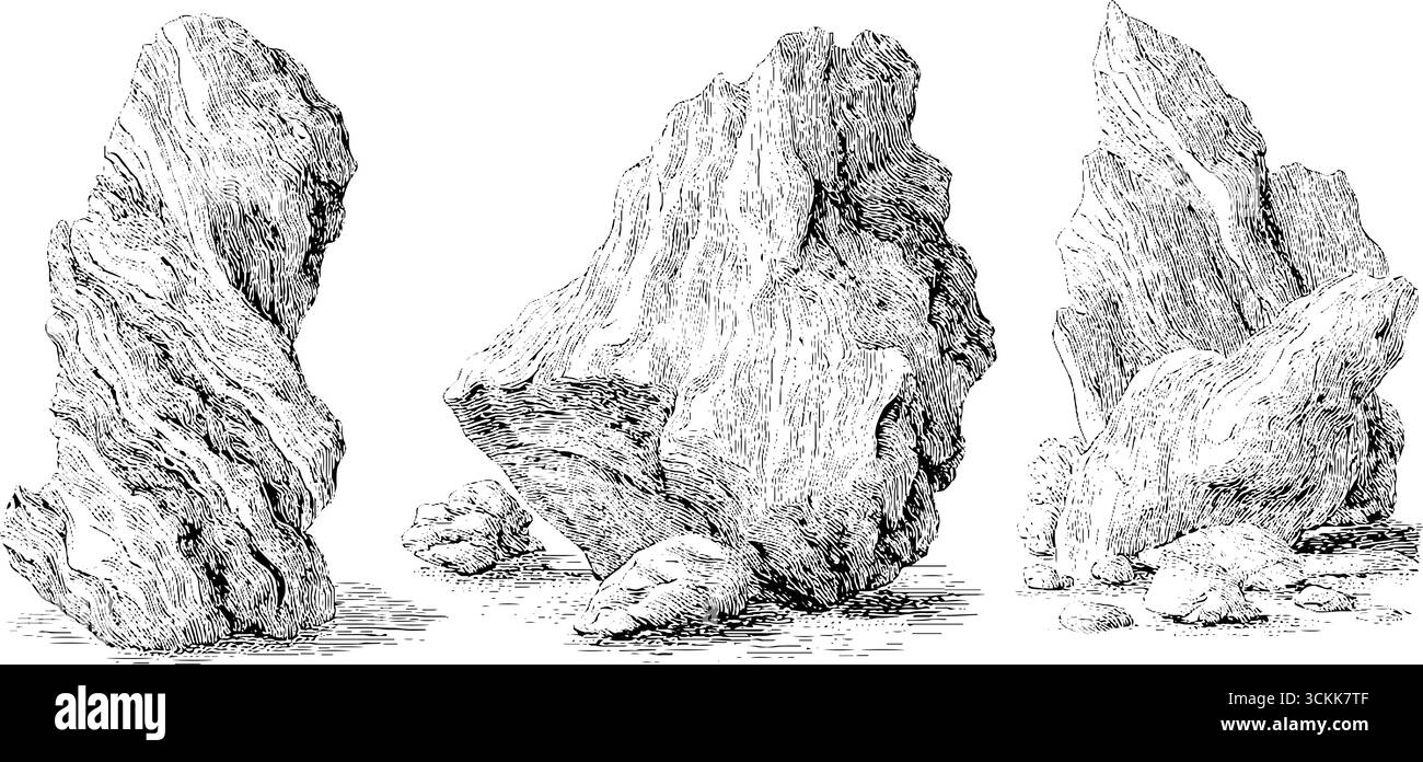 Schizzo vintage disegnato a mano di rocce e massi che incidono illustrazioni. Illustrazione Vettoriale