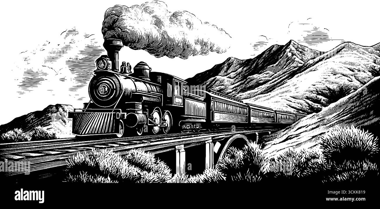 Treno a vapore d'epoca con incisione a ponte per un design e un arredamento retrò. Illustrazione Vettoriale