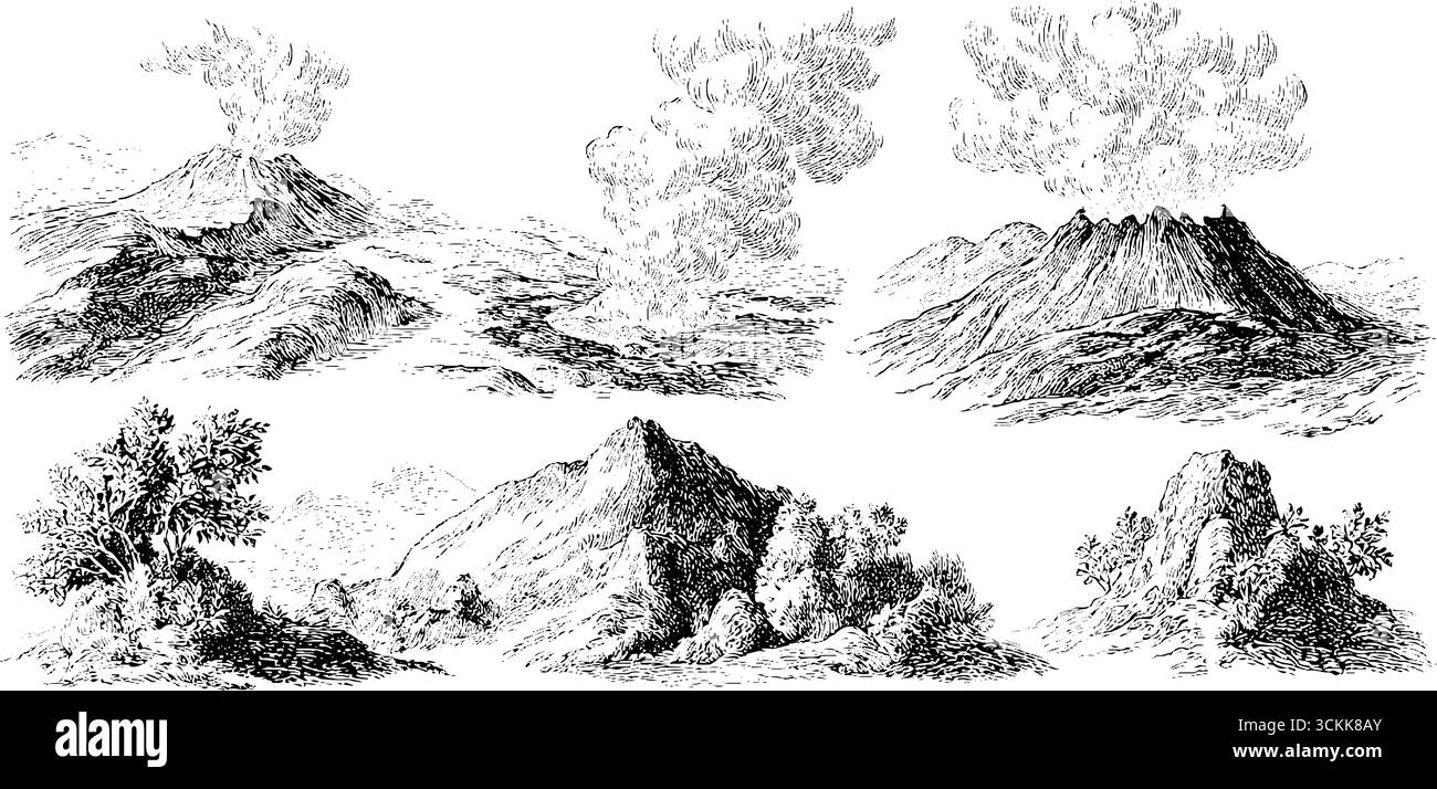 Paesaggi vulcanici vintage in bianco e nero per illustrazioni e design. Illustrazione Vettoriale