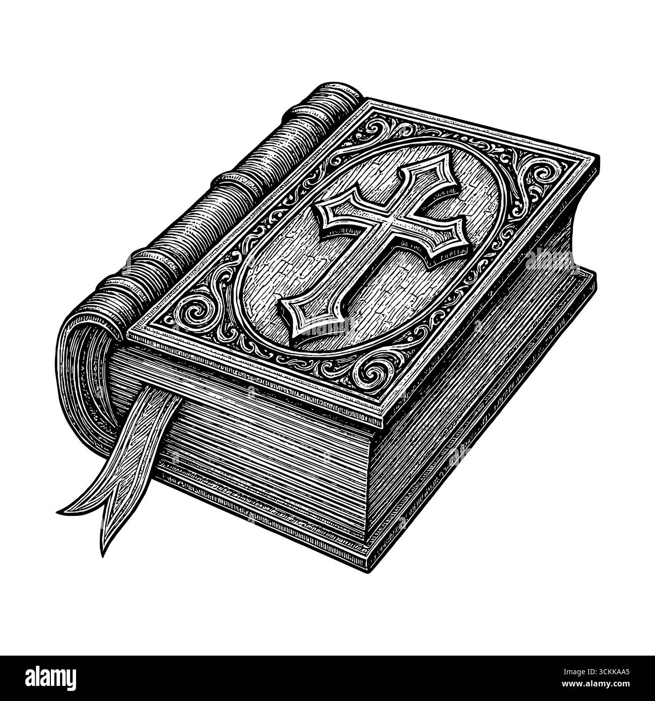 Il libro della Bibbia, la Sacra scrittura in una bella copertina con una croce Illustrazione Vettoriale