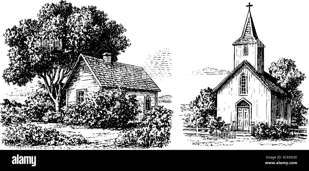 Splendide illustrazioni incise della chiesa di campagna e della scena rurale del villaggio per il design artistico. Illustrazione Vettoriale