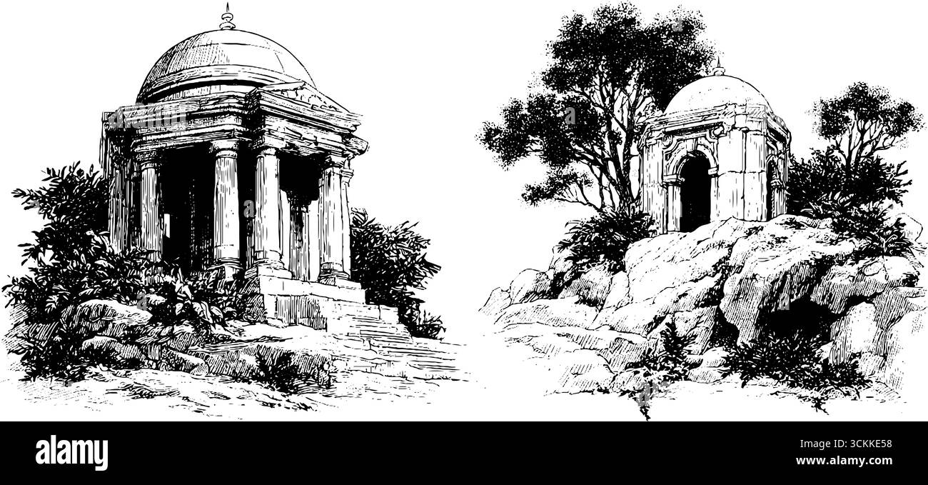 Patrimonio architettonico di cupole e rovine sbriciolate in stile inciso per il design artistico. Illustrazione Vettoriale