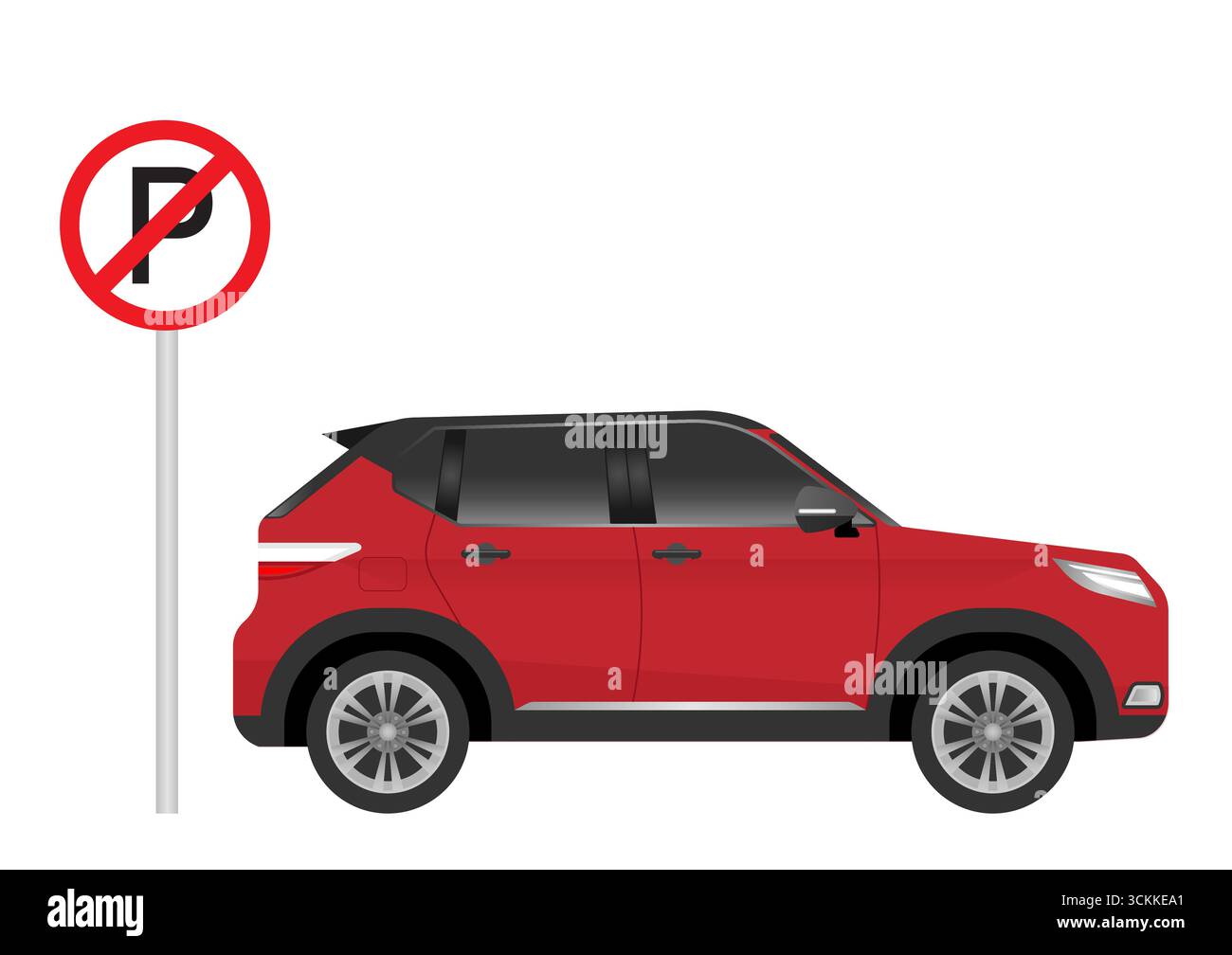 Parcheggio non disponibile. Auto parcheggiata in nessuna area parcheggio o area proibita. L'auto infrange la regola nell'area proibita. Regole del traffico. Illustrazione vettoriale. Illustrazione Vettoriale