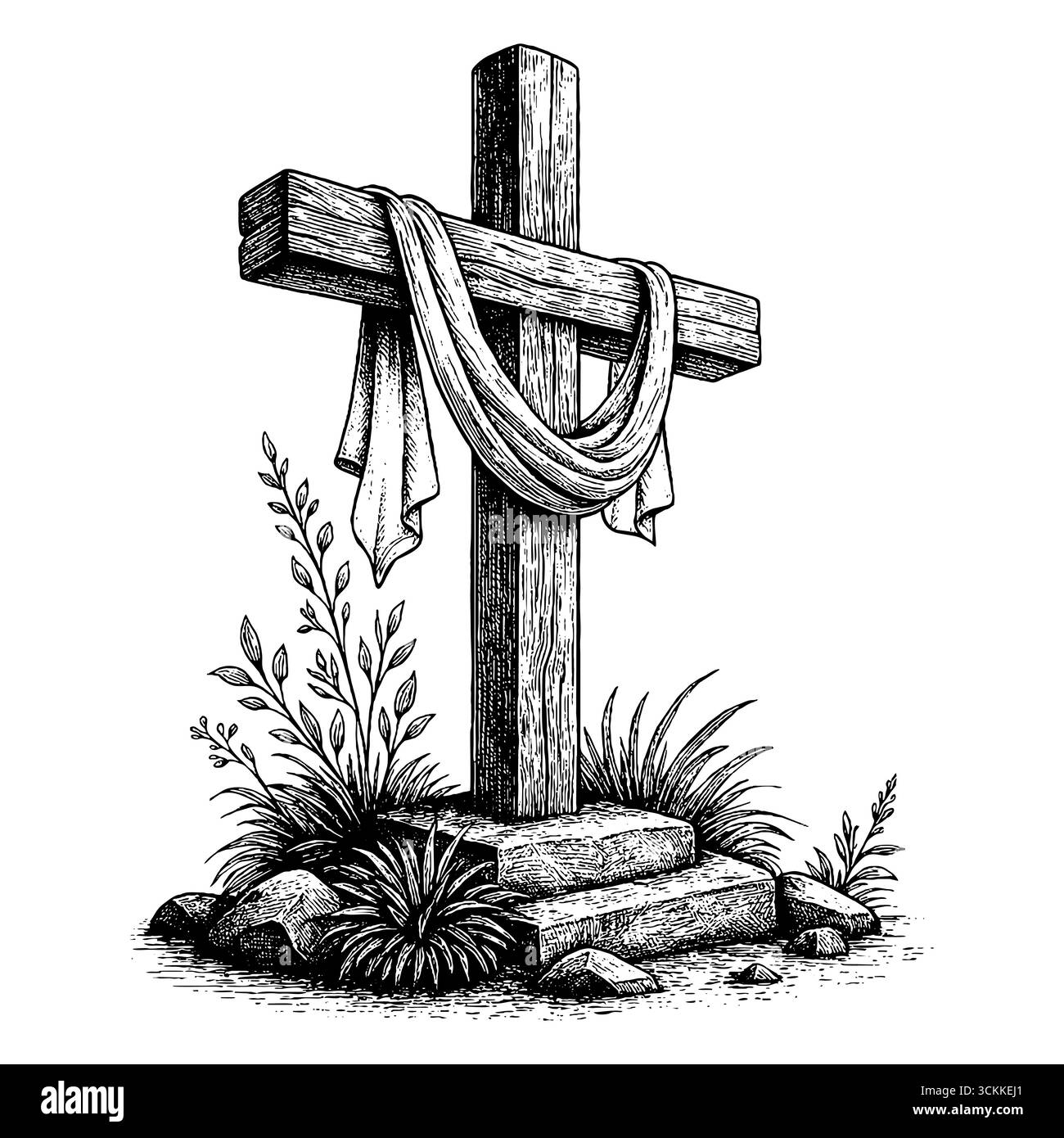 Una croce di legno - un simbolo della crocifissione e del sacrificio di Gesù Cristo per i peccati dell'umanità. Illustrazione Vettoriale