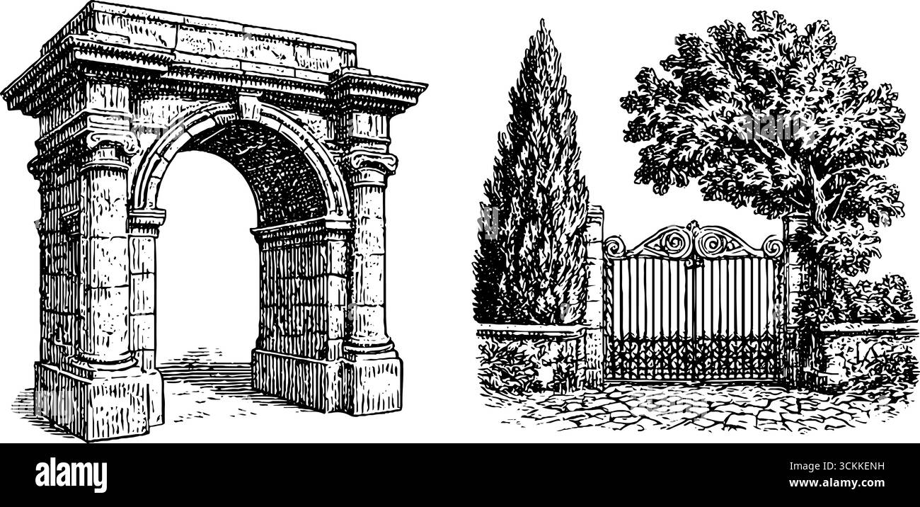 Illustrazione incisa dell'arco di rinascita della missione con design ad albero e cancello di ferro per l'arredamento e l'ispirazione architettonica. Illustrazione Vettoriale