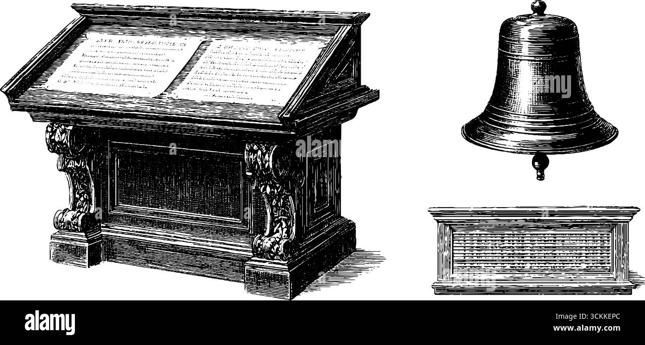 Strumenti didattici vintage: Leggio dell'insegnante inciso e disegno a campana per progetti storici. Illustrazione Vettoriale