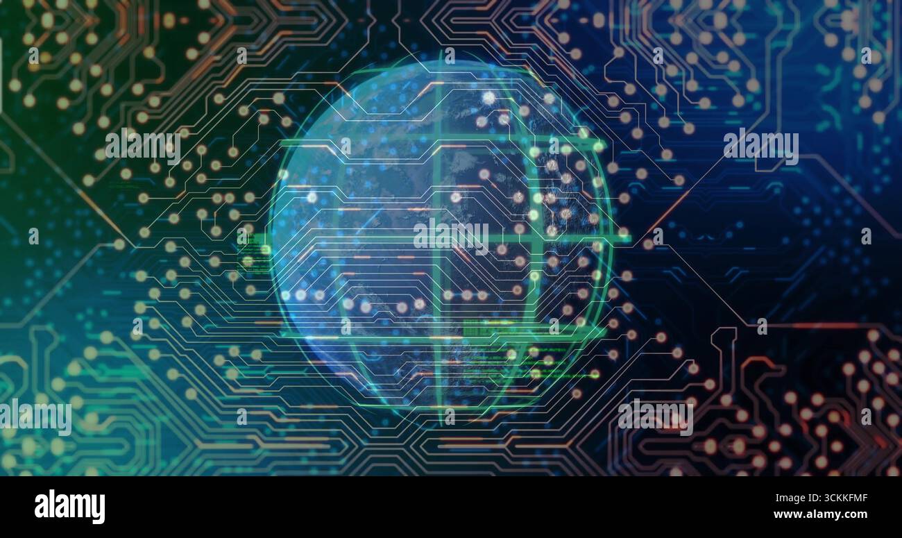 Visualizzazione del globo digitale semitrasparente che ruota in una rete virtuale con tracce e nodi PCB Foto Stock