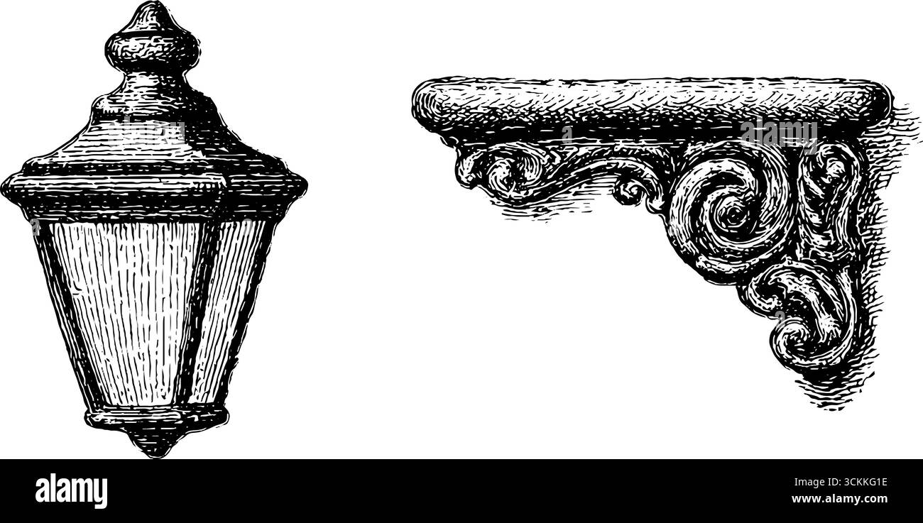Lampada a gas vittoriana e incisioni ornamentali a staffa per arredi antichi. Illustrazione Vettoriale
