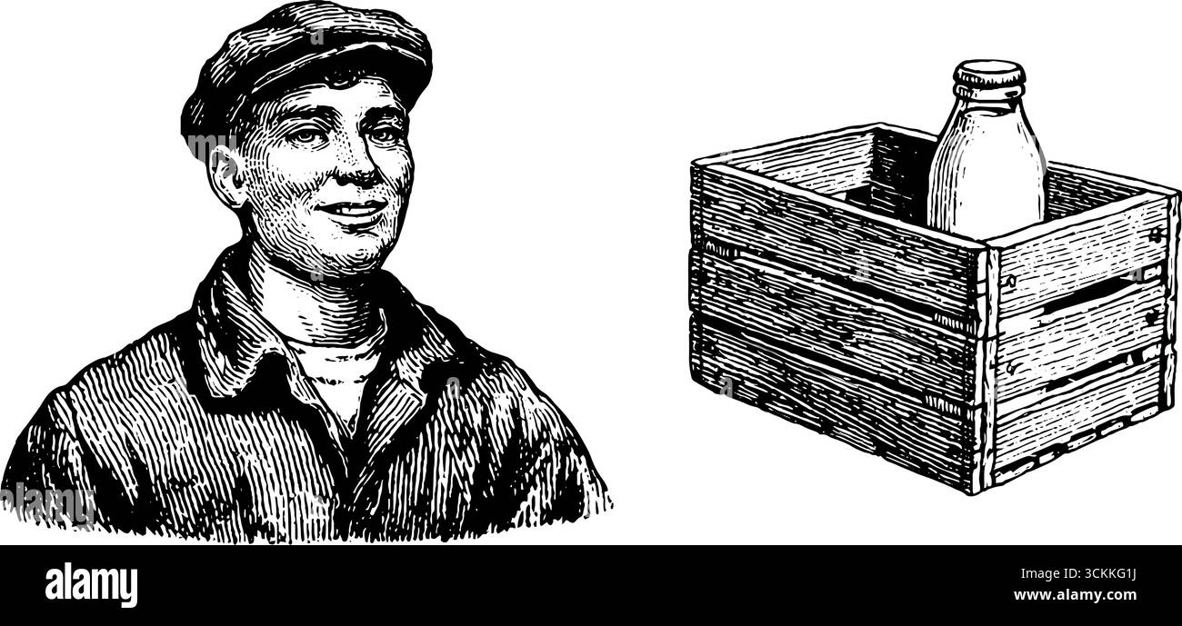 Tema di distribuzione del latte vintage con milkman inciso e disegno della cassa per un design retrò. Illustrazione Vettoriale
