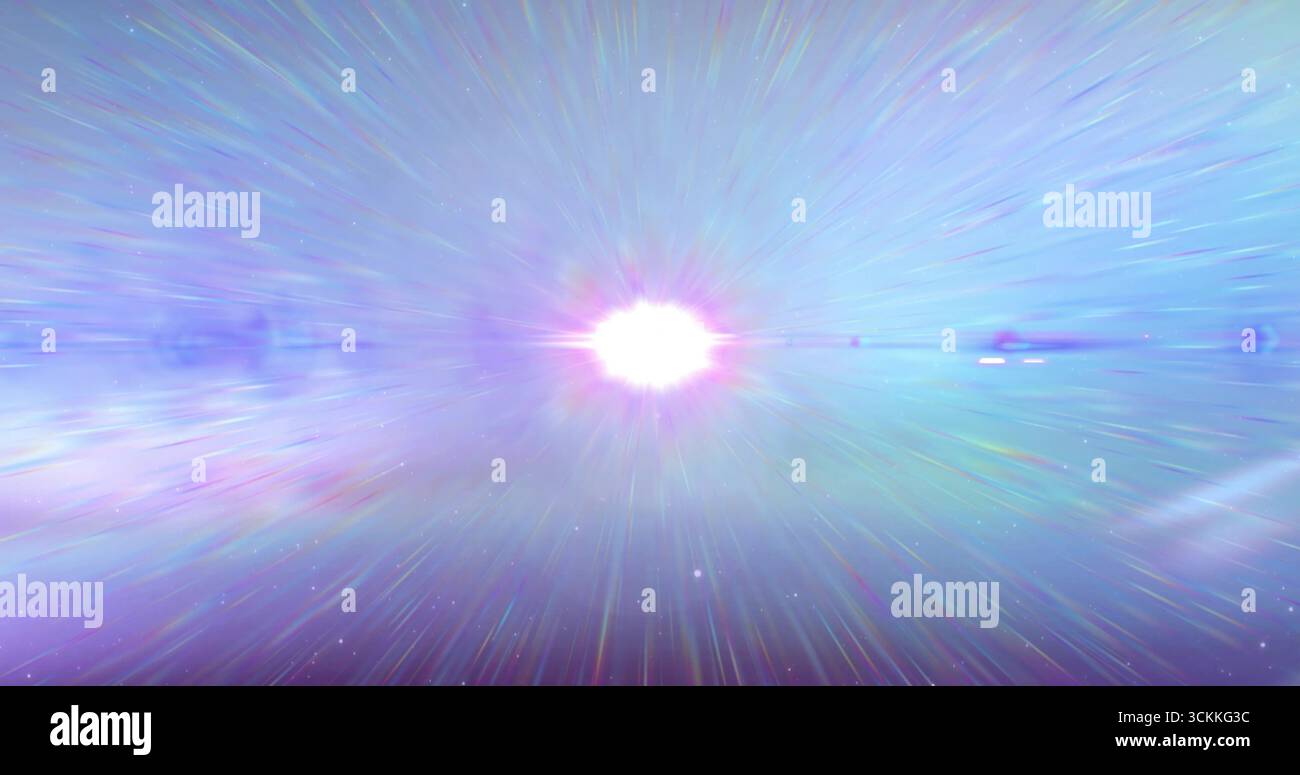 Sorgente di luce centrale che emette un bagliore pastello negli spazi più profondi, con striature radiali, brillamenti delle lenti e stelle Foto Stock