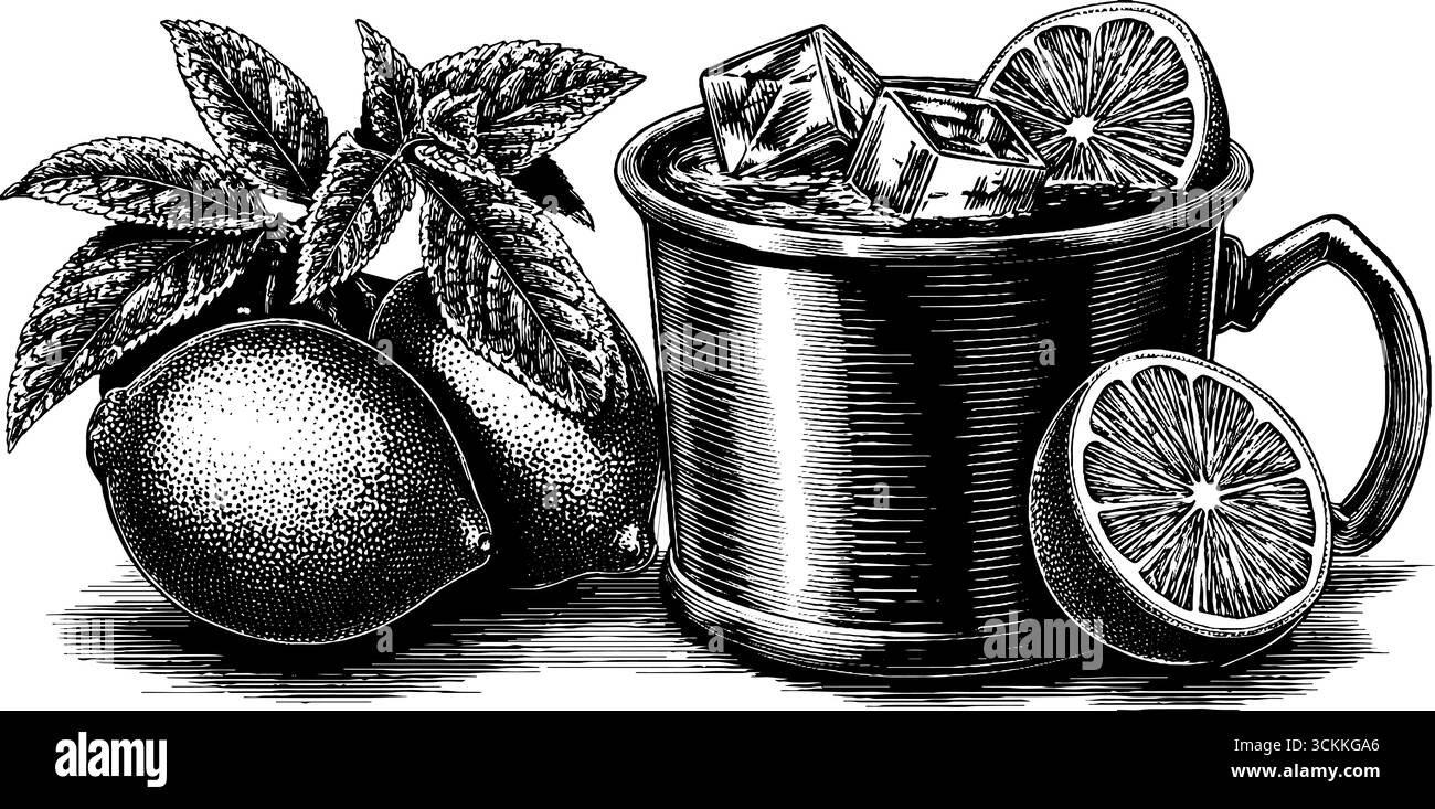 Illustrazione incisa di ingredienti mulo di mosca e tazza di rame per gli appassionati di bevande. Illustrazione Vettoriale