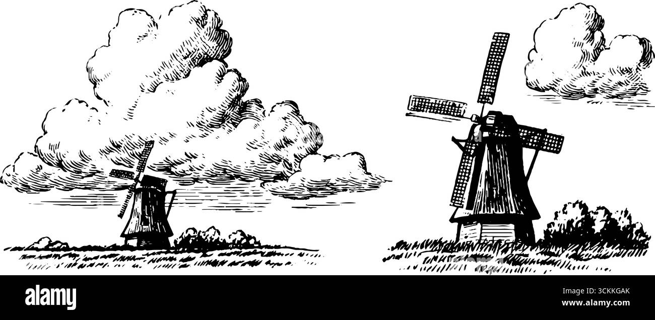 Scene vintage di mulini a vento con incisioni e nuvole spettacolari per un design artistico. Illustrazione Vettoriale
