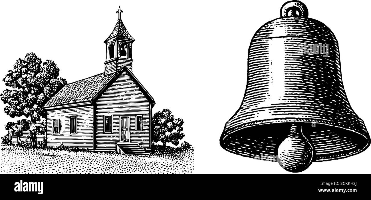 Incisione vintage della chiesa di campagna e della campana per progetti di design storico. Illustrazione Vettoriale