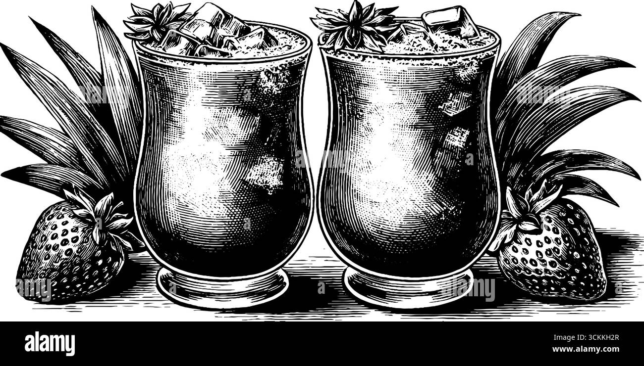 Collage artistico inciso di daiquiri alla fragola con contorno di ananas per la progettazione delle bevande. Illustrazione Vettoriale