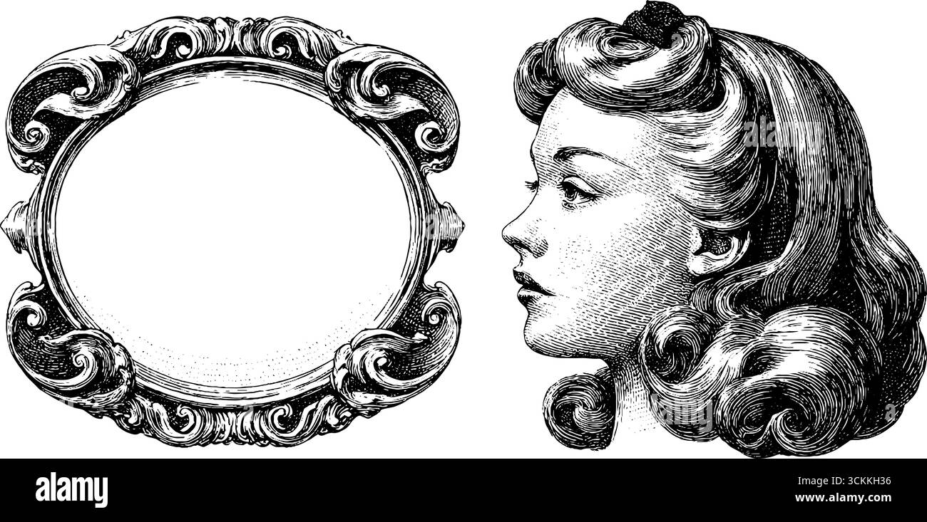 Cammeo antico e montatura decorata per l'arte e la decorazione vintage. Illustrazione Vettoriale