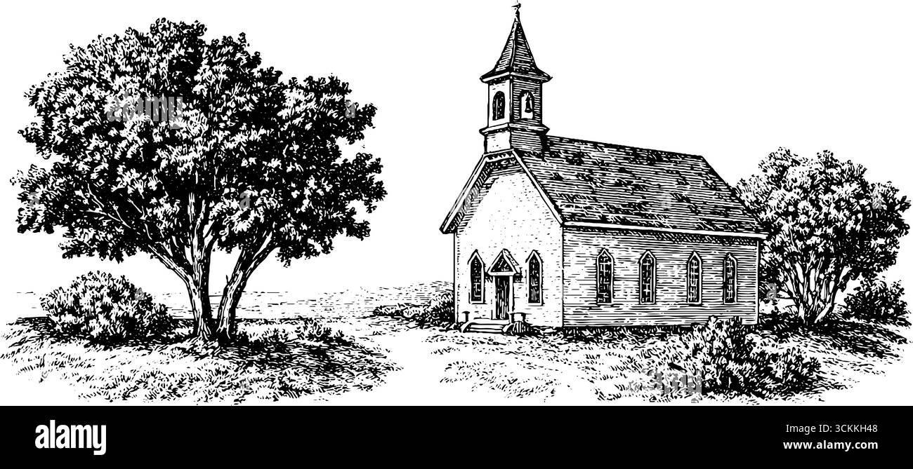 Illustrazione incisa di una chiesa di campagna con alberi circostanti per progetti di design. Illustrazione Vettoriale