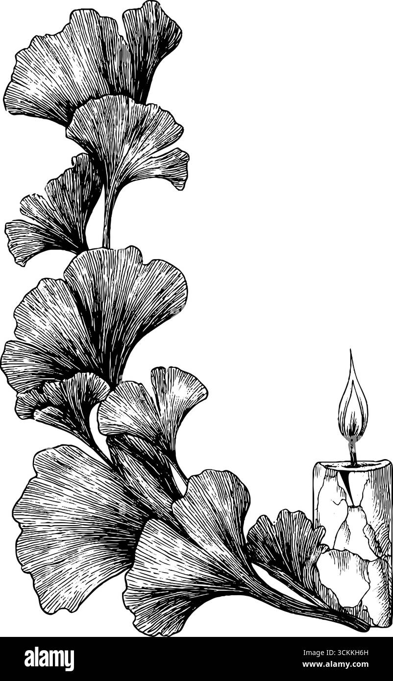 Eleganti foglie di ginkgo e design a candela per la decorazione di biglietti d'auguri e poster. Illustrazione Vettoriale