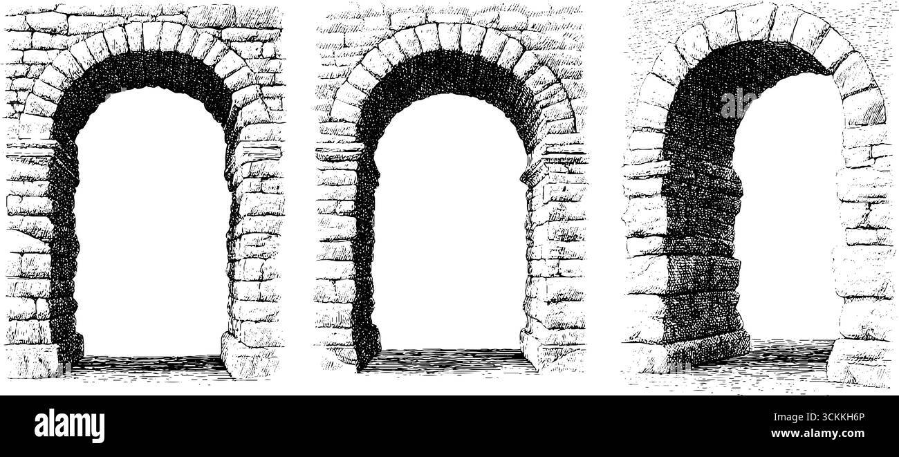 Illustrazione architettonica incisa di una facciata ad arco triplo per progetti di design. Illustrazione Vettoriale