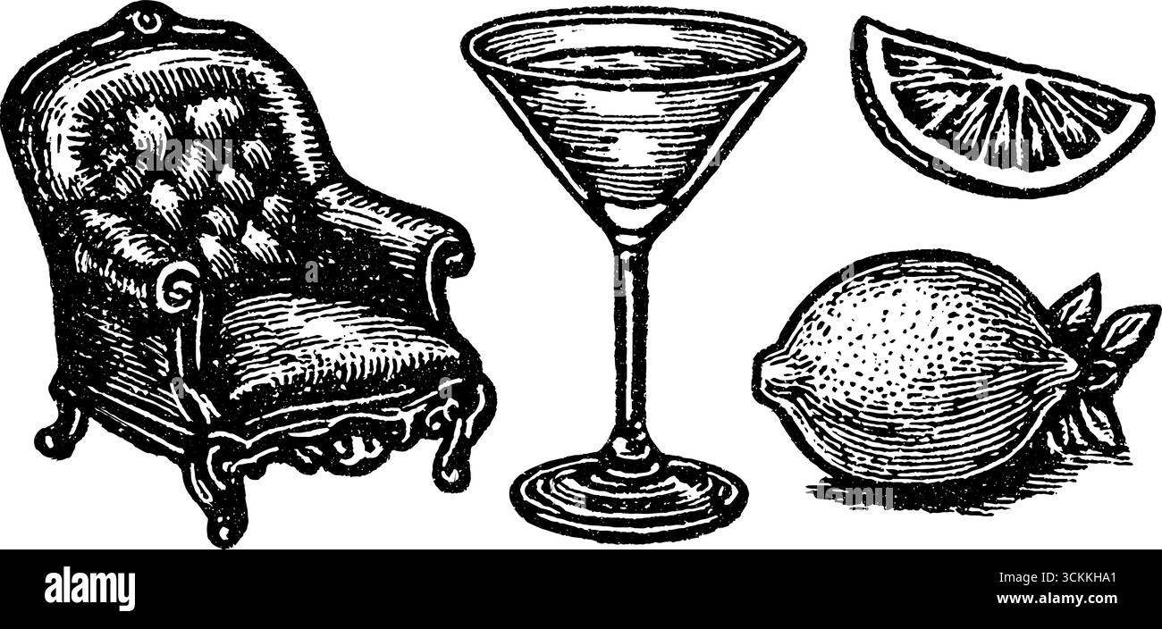 Sala cocktail vintage in stile art deco con incisioni in vetro martini e agrumi. Illustrazione Vettoriale