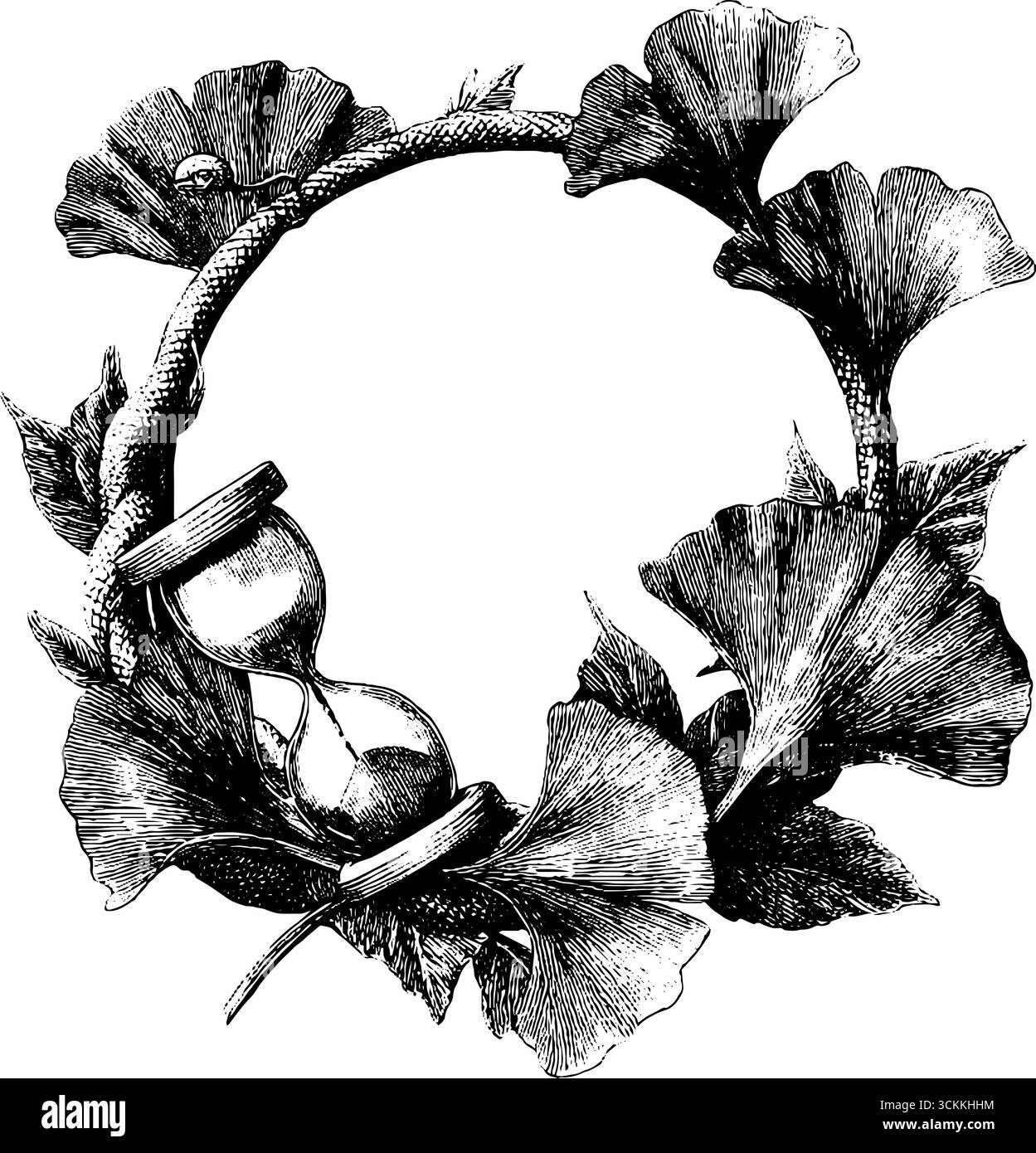 Montatura intrecciata con incisioni vintage con foglie di ginkgo e clessidra per un design retrò. Illustrazione Vettoriale