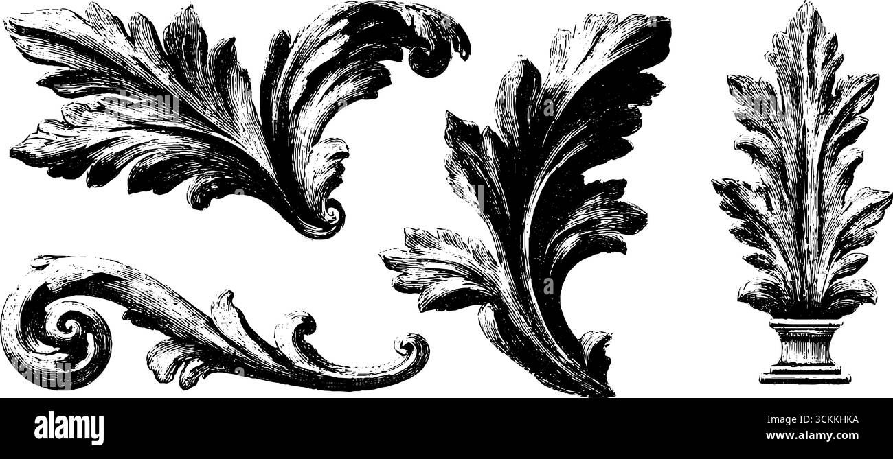 Elementi decorativi vintage incisi da manoscritti antichi per progetti di design. Illustrazione Vettoriale