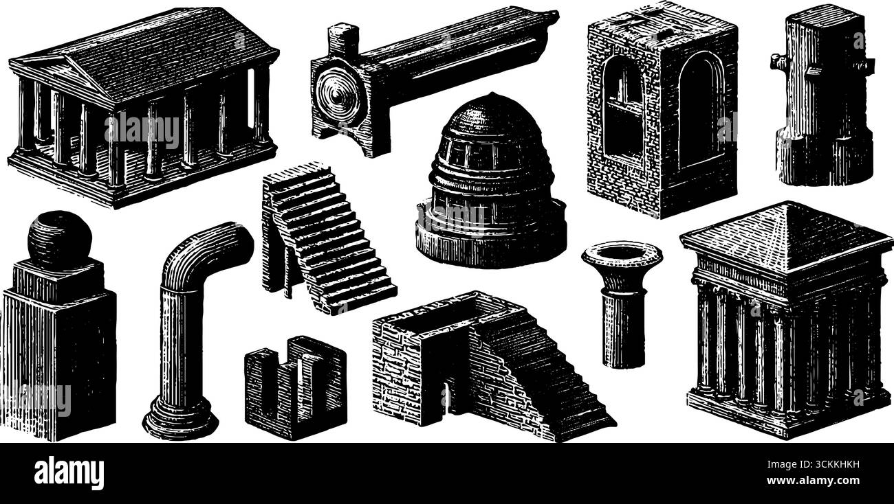 Collezione di incisioni architettoniche vintage con colonne e strutture per progetti di design. Illustrazione Vettoriale