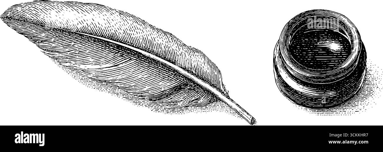Piume d'epoca e incisioni a pozzo di inchiostro per un design classico e temi storici. Illustrazione Vettoriale Piume d'epoca e incisioni a pozzo di inchiostro per un design classico e temi storici. Illustrazione Vettoriale