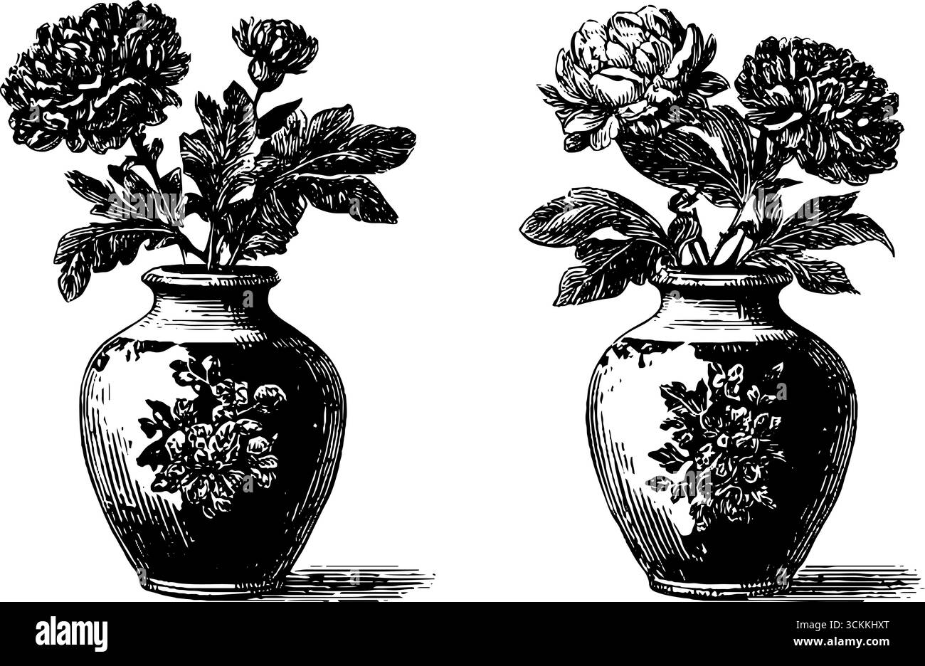 Illustrazione vintage incisa di vasi antichi con composizioni floreali per il design artistico. Illustrazione Vettoriale