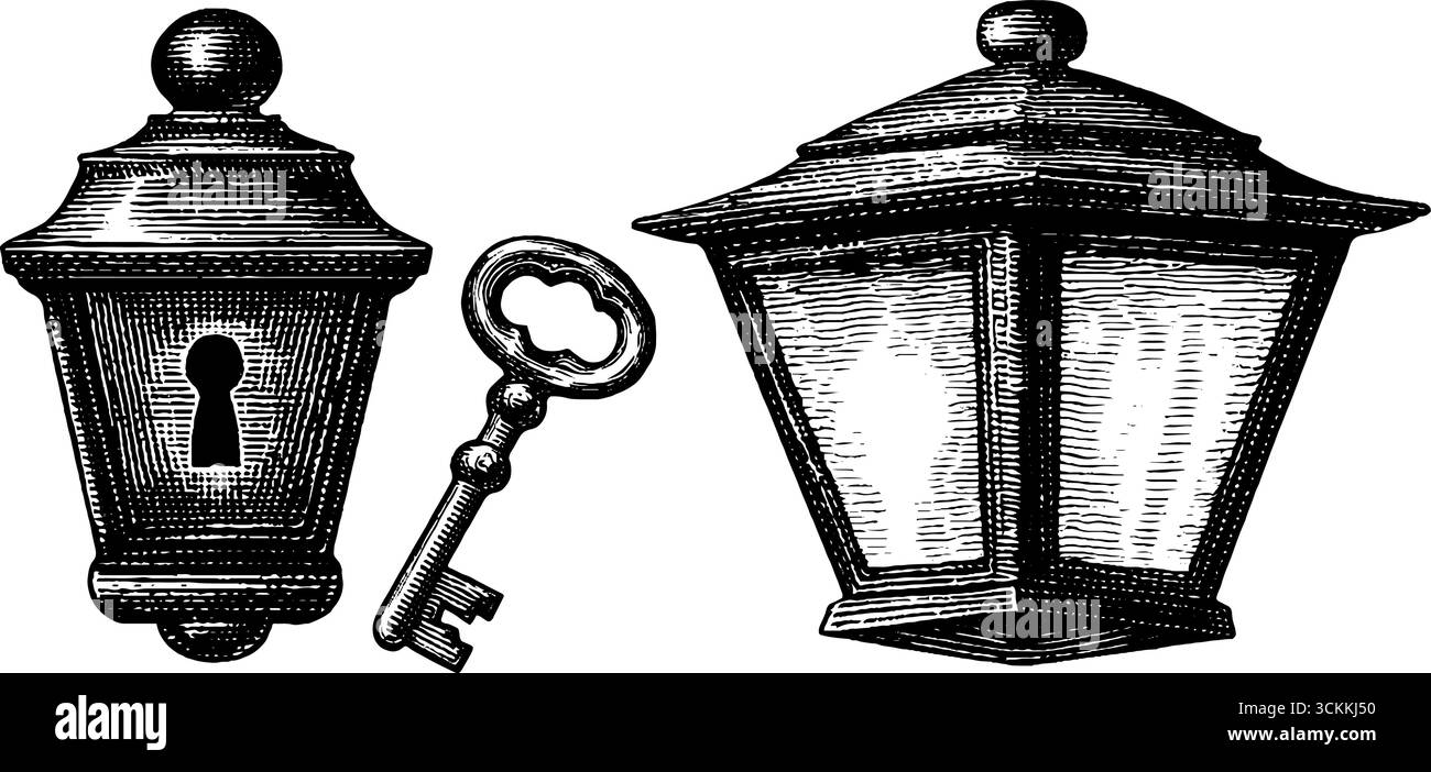 Lanterna vintage incisa e set di chiavi per design artistico e decorazioni. Illustrazione Vettoriale