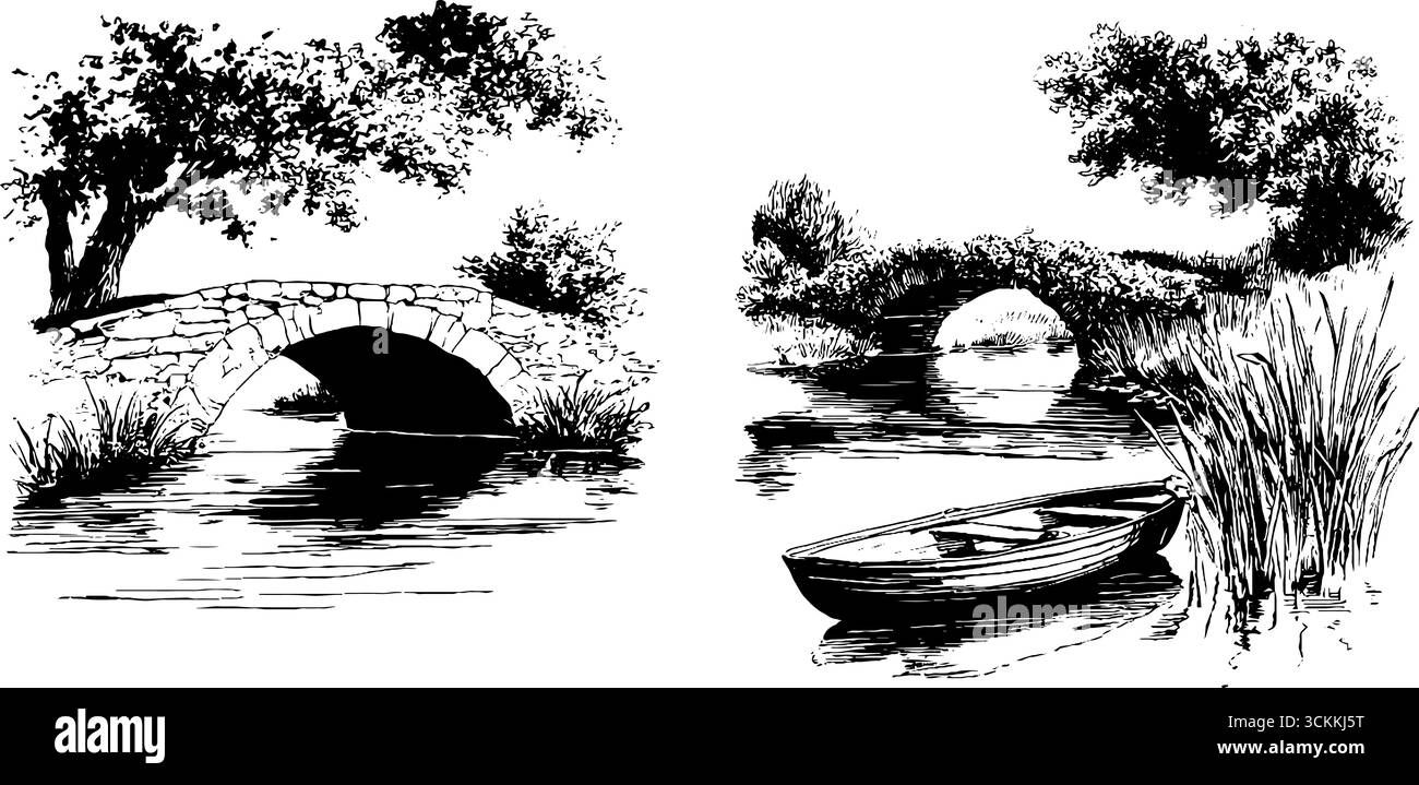 Arte incisa del tranquillo paesaggio fluviale con ponte in pietra e barca a remi. Illustrazione Vettoriale