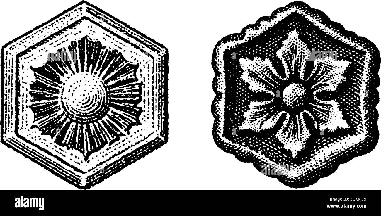 Antiche incisioni geometriche e motivi flessagoni per concept di design vintage. Illustrazione Vettoriale