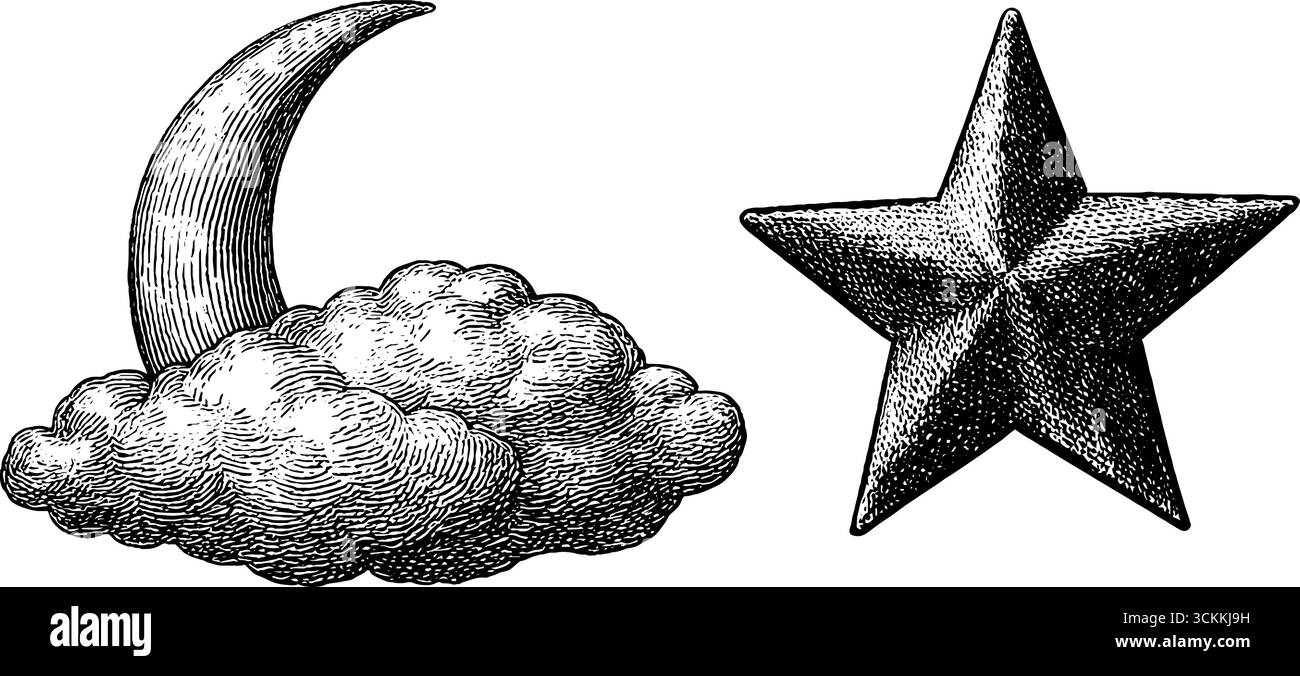 Collezione vintage di luna e stelle incise per disegni a tema celeste. Illustrazione Vettoriale