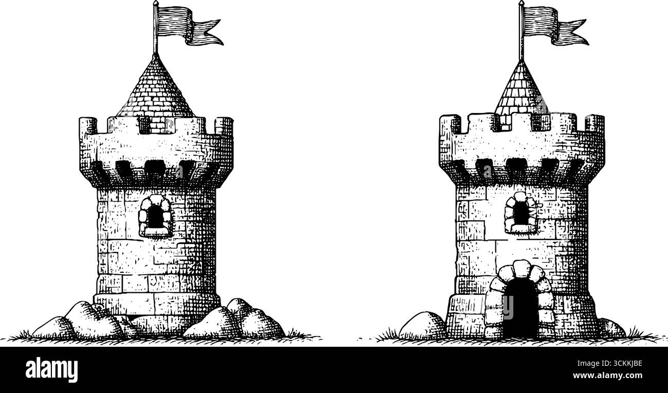 Illustrazione vintage incisa di castelli e torri per il design della stampa. Illustrazione Vettoriale