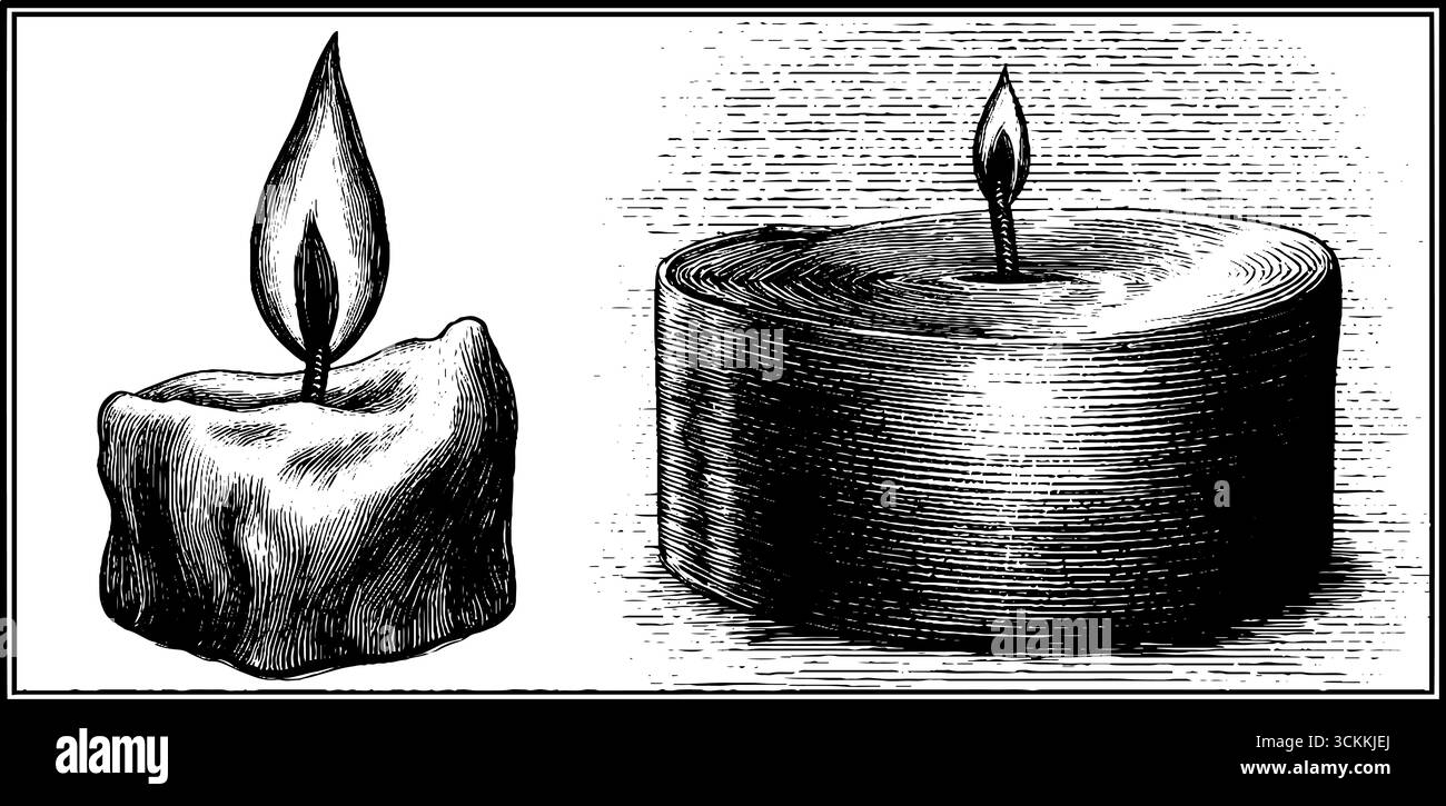 Candela d'epoca e incisione a fiamma per design e decorazione. Illustrazione Vettoriale