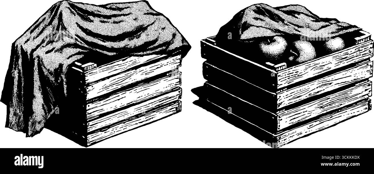 Set illustrativo vintage con cassa di mele incisa per decorazioni rustiche o design a tema agricolo. Illustrazione Vettoriale