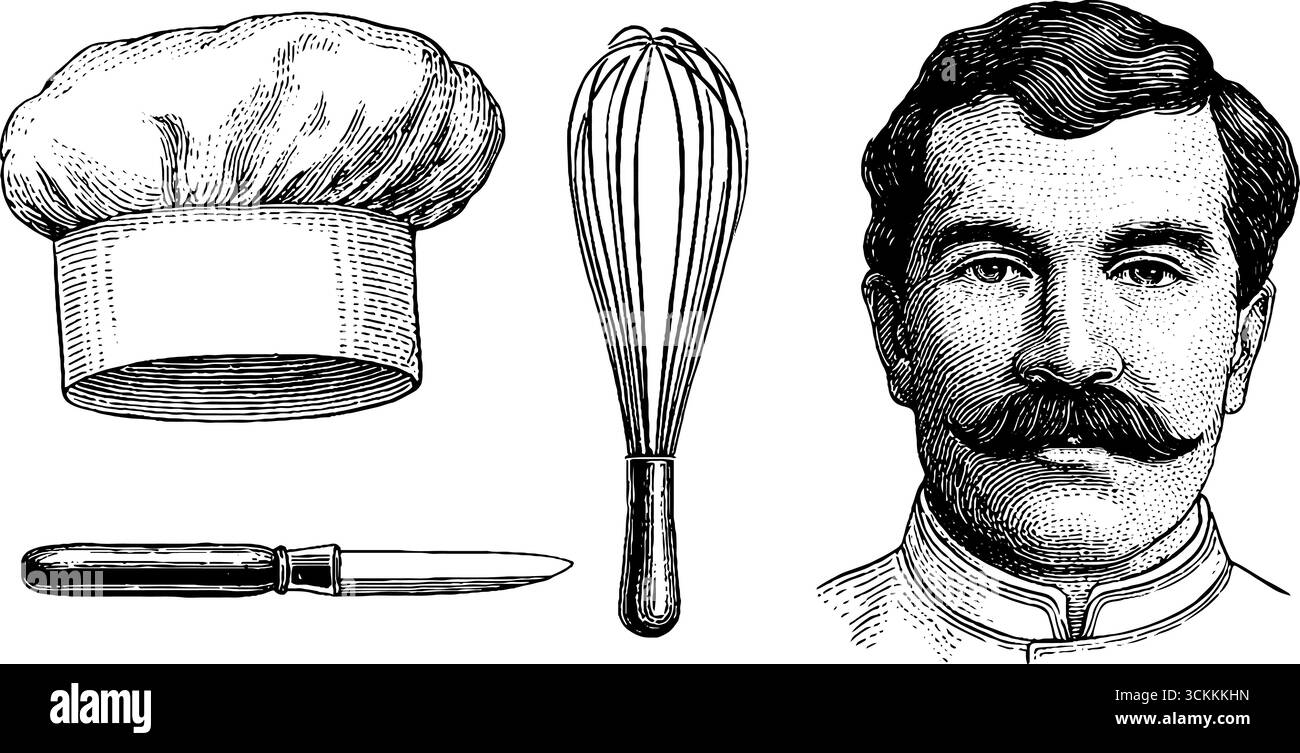 Strumenti culinari vintage e incisione del ritratto dello chef per arredare la cucina. Illustrazione Vettoriale