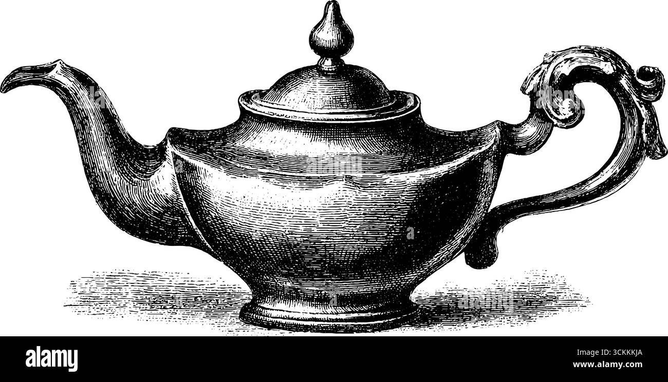 Teiera vintage con disegno grafico con beccuccio ad arco inciso per un arredamento retrò. Illustrazione Vettoriale