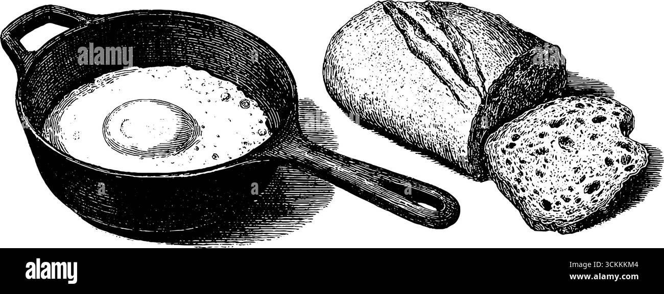 Illustrazione incisa di shakshuka e uova con pane per il design culinario. Illustrazione Vettoriale