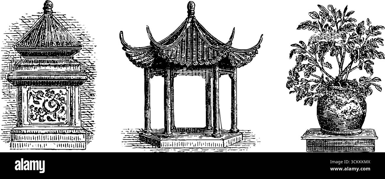 Pagoda chinoiserie incisa ed elementi decorativi per un design elegante. Illustrazione Vettoriale