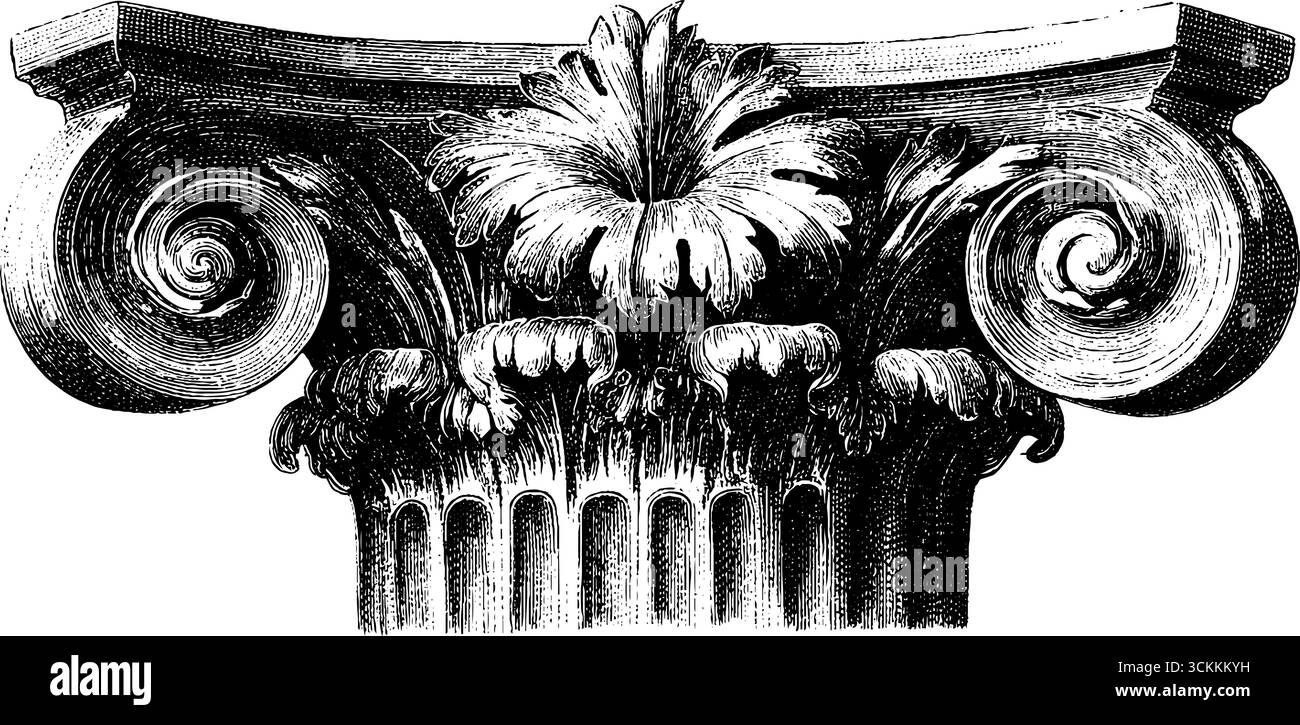 Illustrazione d'epoca incisa della capitale corinzia per il design architettonico e l'arte. Illustrazione Vettoriale