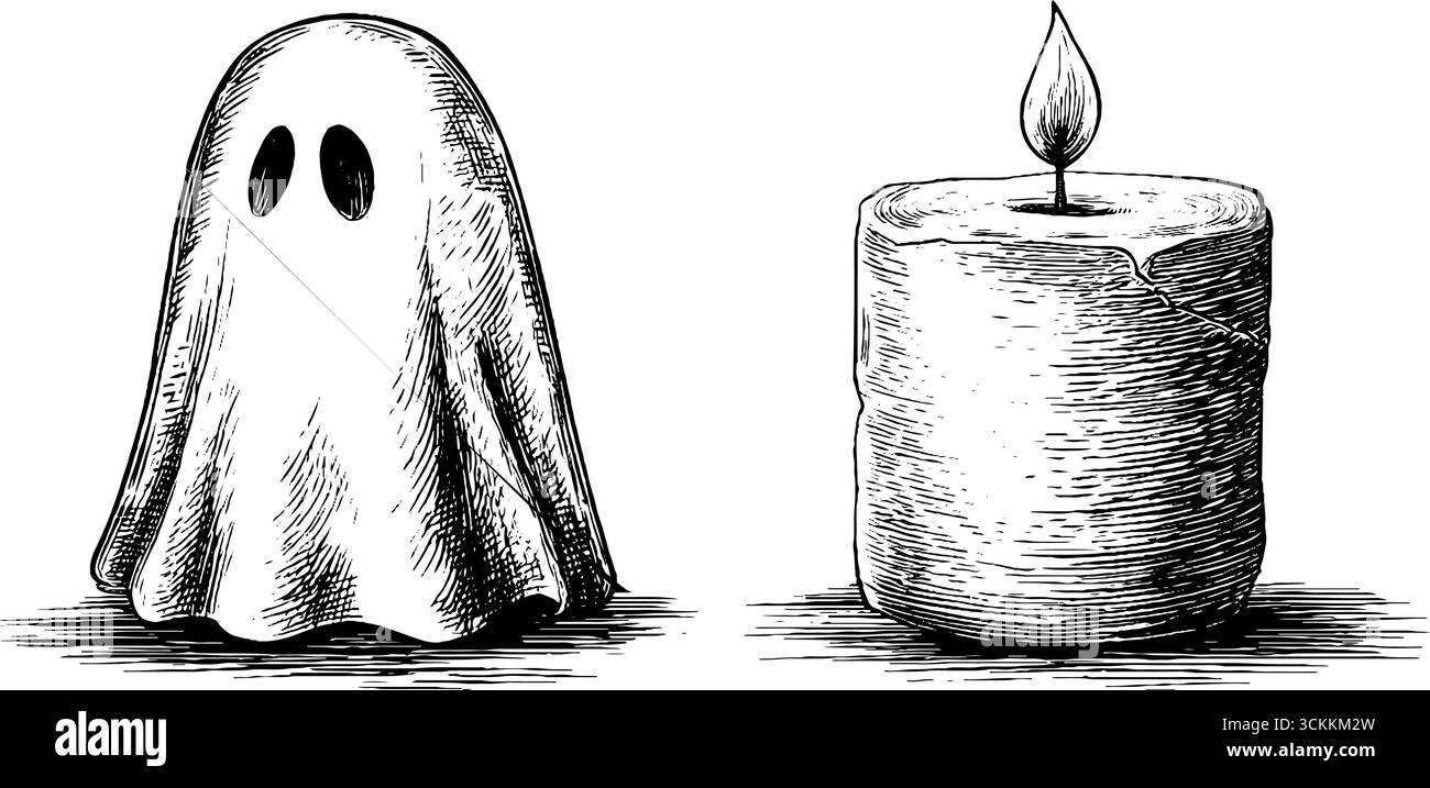 Set di illustrazioni incise di fantasmi e candele per il design di halloween. Illustrazione Vettoriale