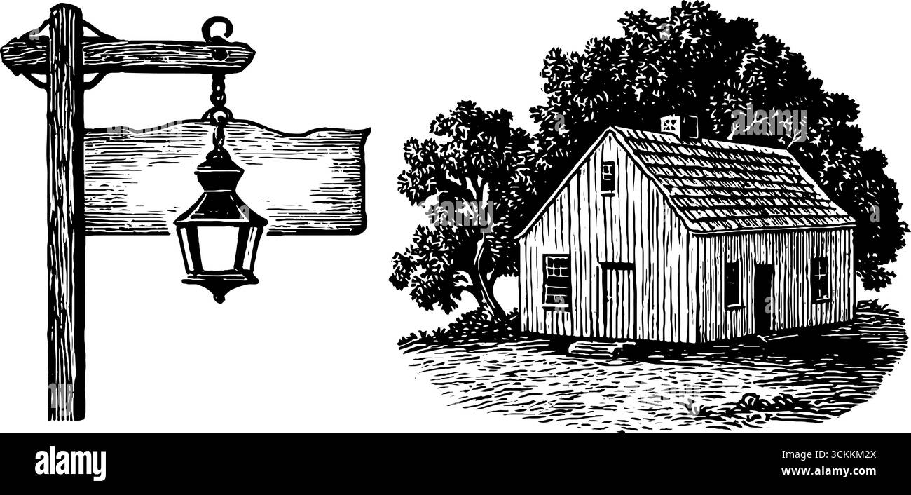 Illustrazione incisa di rustico country inn e lanterna per un design vintage. Illustrazione Vettoriale