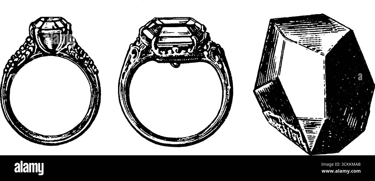 Gioielli vintage con anelli incisi e pietre preziose per un'eleganza classica. Illustrazione Vettoriale