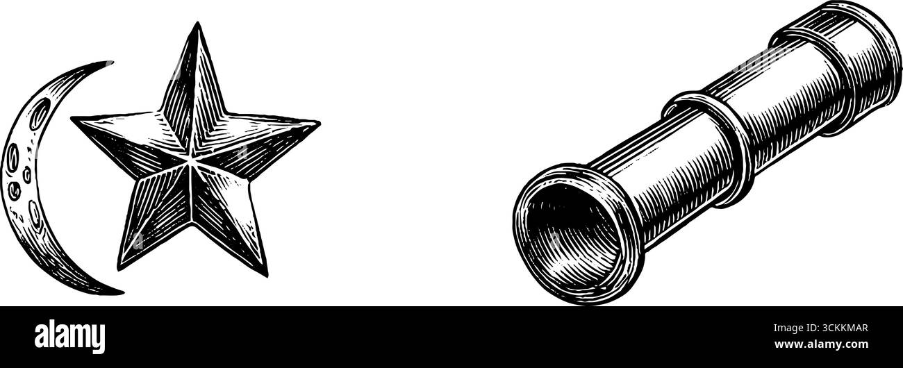 Incisione vintage di telescopio, stella e luna crescente per progetti astronomici. Illustrazione Vettoriale
