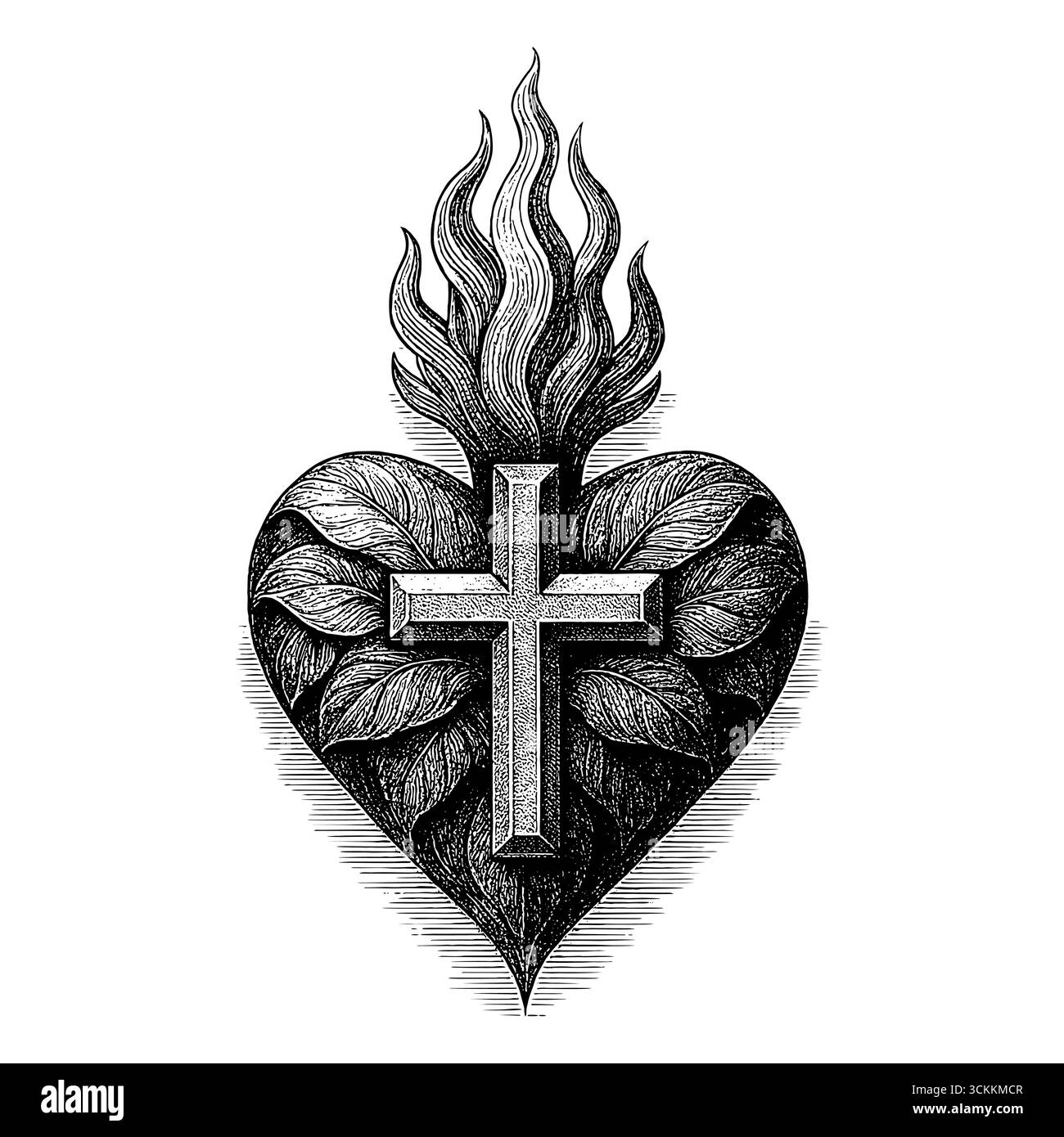 Un cuore con una croce, da cui scoppia la fiamma dello Spirito Santo Illustrazione Vettoriale