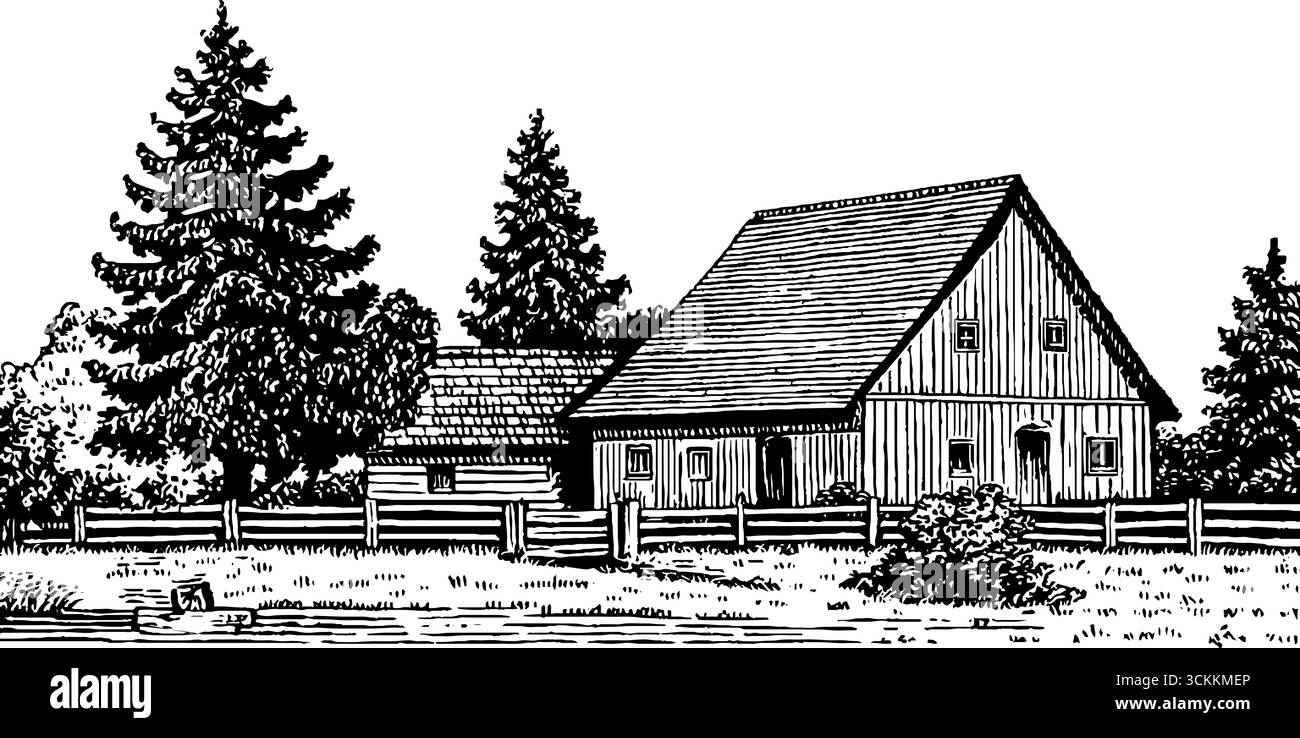 Villaggio rurale con incisioni, locanda rustica e alberi lussureggianti per arte e design storici. Illustrazione Vettoriale