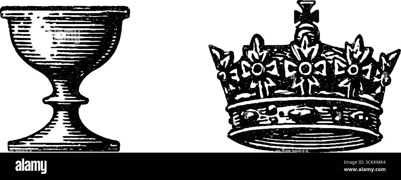 Calice e illustrazione a corona con incisione vintage per un design e una stampa storici. Illustrazione Vettoriale