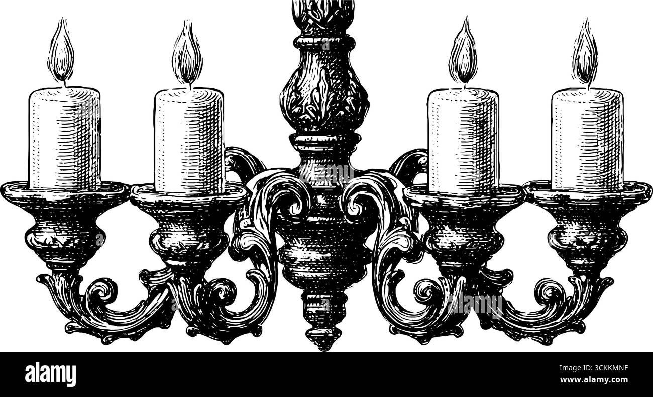 Lampadario gotico decorato con incisioni e candele scintillanti per un arredamento vintage. Illustrazione Vettoriale
